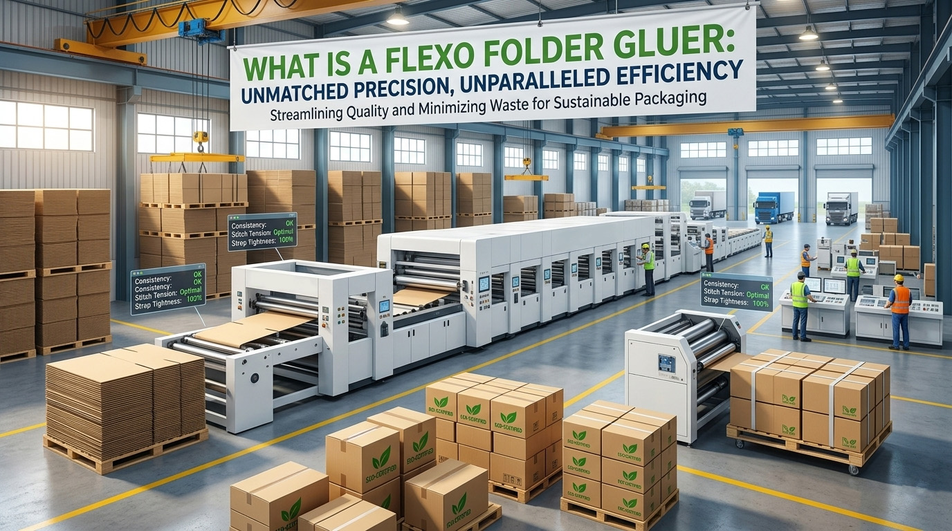 Technical diagram explaining what is a flexo folder gluer with step-by-step labels of the printing, folding, gluing, and strapping process.