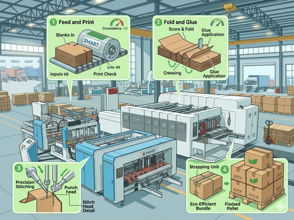 Detailed process diagram by professional flexo folder gluer manufacturers explaining the folding, stitching, and strapping stages of carton production.