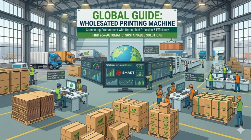 A global sourcing guide for a wholesale corrugated printing machine featuring SMART brand industrial equipment in a high-capacity factory.