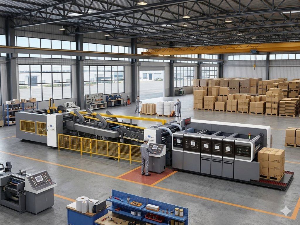 Flexo folder gluer machine in operation within a clean, efficient sustainable packaging factory, streamlining carton production.