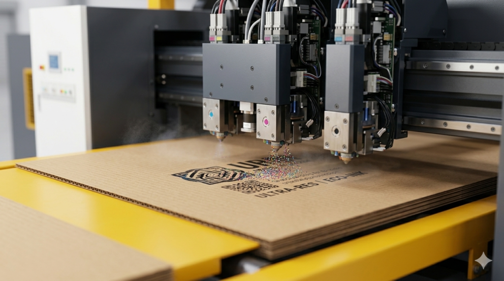 Close-up of digital inkjet printer for corrugated boxes printing high-resolution logos and QR codes on cardboard