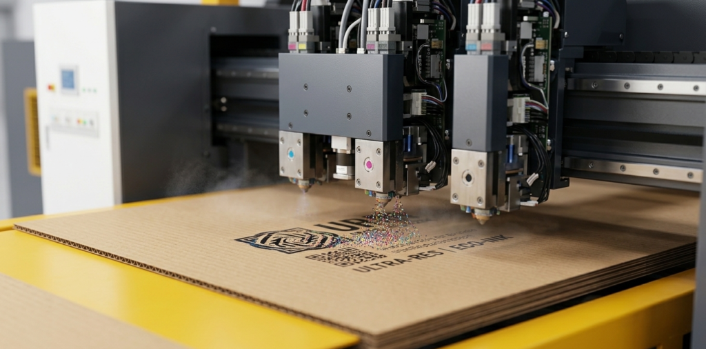 Close-up of digital inkjet printer for corrugated boxes printing high-resolution logos and QR codes on cardboard