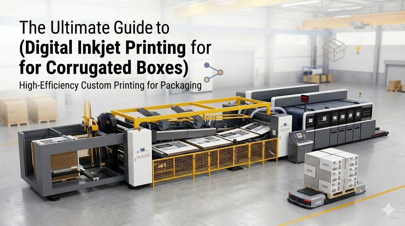 Industrial high-speed inkjet printer for corrugated boxes operating in a modern packaging factory facility