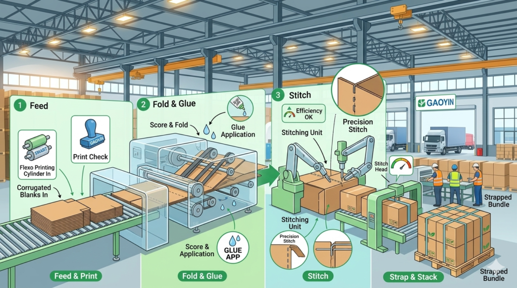 Detailed process diagram by professional manufacturers explaining the folding, stitching, and strapping stages on a high quality 3 5 7 ply corrugated cardboard production line.