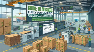 A high-performance fully automatic folder gluer machine operating in a modern sustainable packaging facility with integrated digital controls.