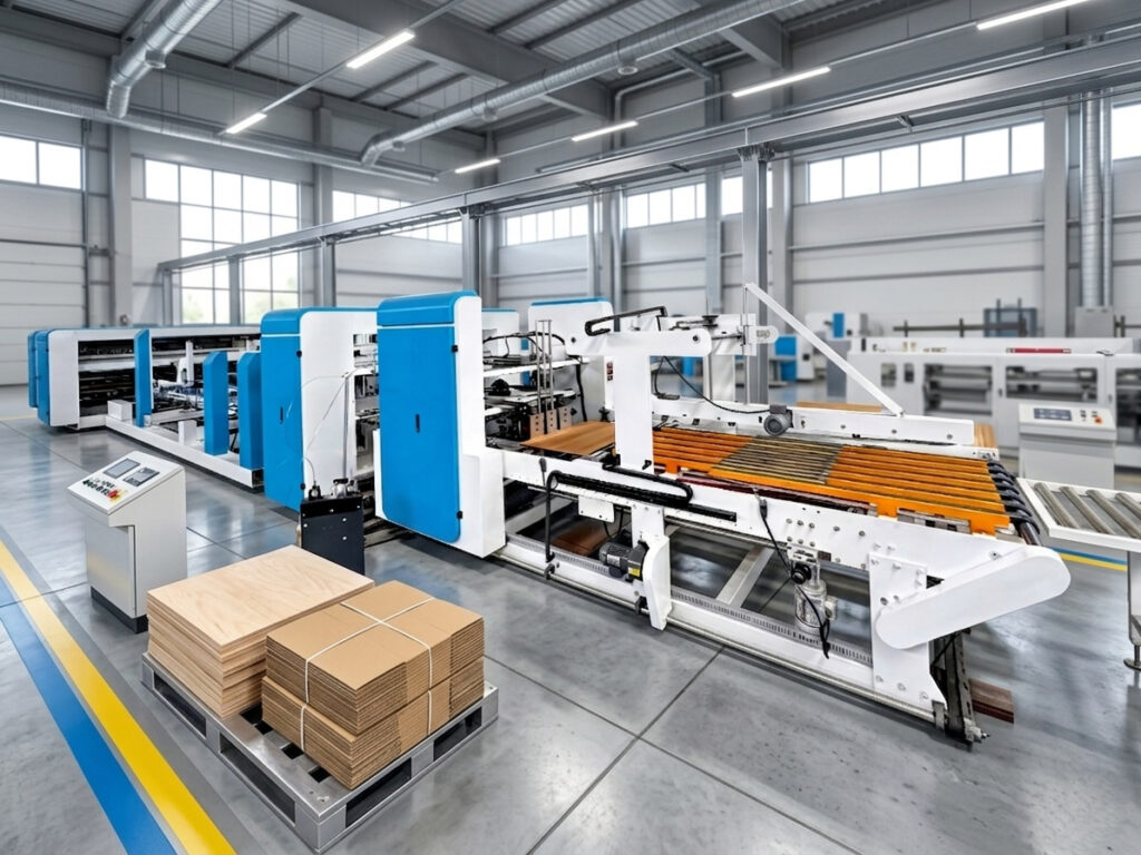 Real factory shot of a complete automatic folder gluer stitcher strapper machine line with finished cardboard boxes on a pallet.