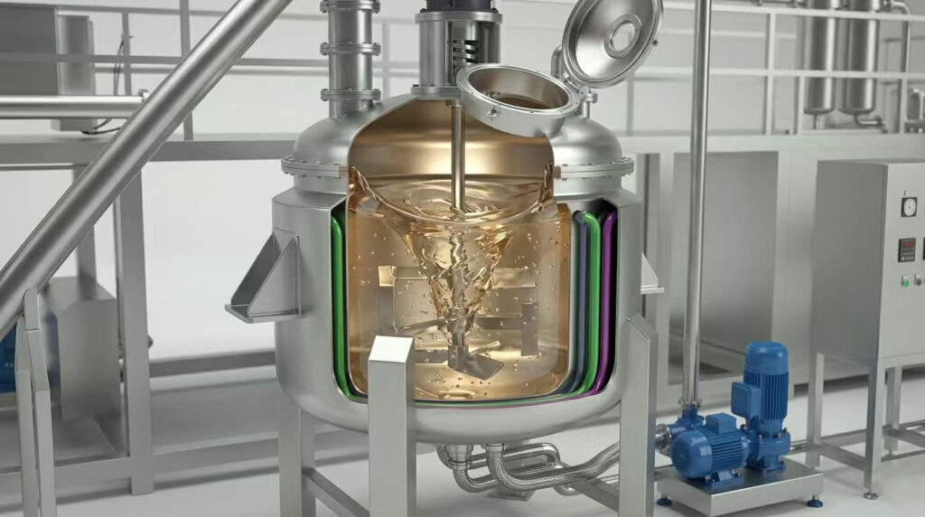 Close-up cross-section of a glue making machine mixing tank showing the internal agitator and adhesive blending process.