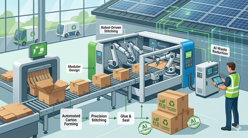 Comprehensive diagram of the Eco-Automatic Folder Gluer and Stitcher Machine, detailing its smart, sustainable packaging process from automated carton forming to glue and seal.