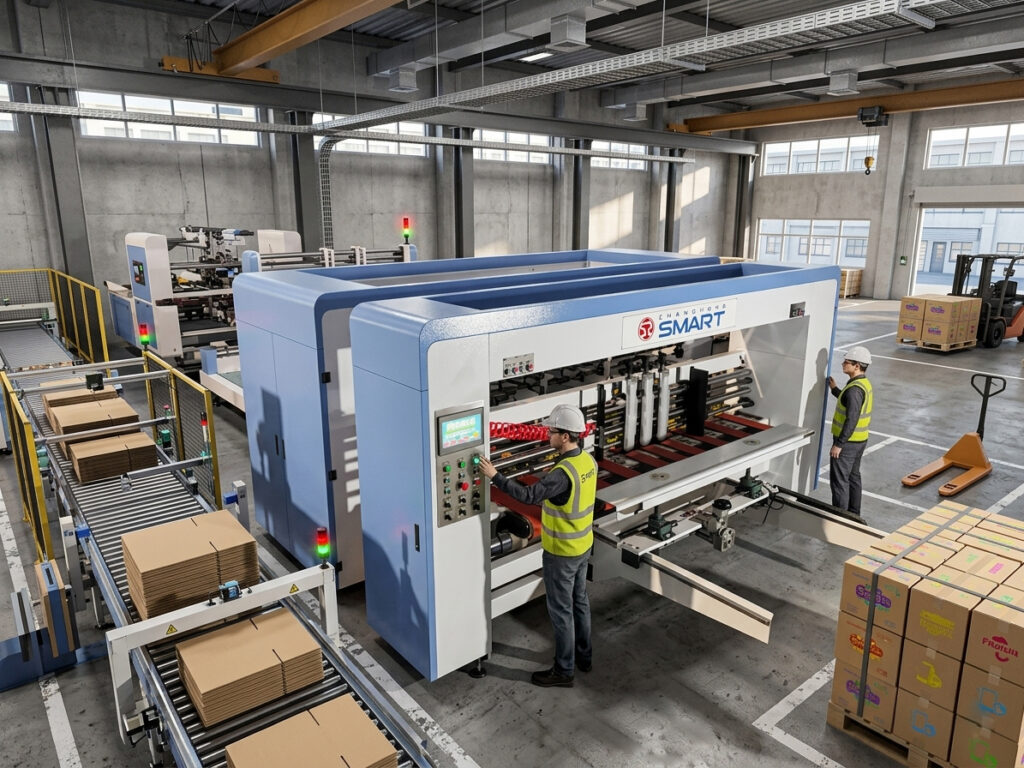 Automated flexo folder gluer machine operating in a modern packaging factory, showing the complete corrugated box production line.