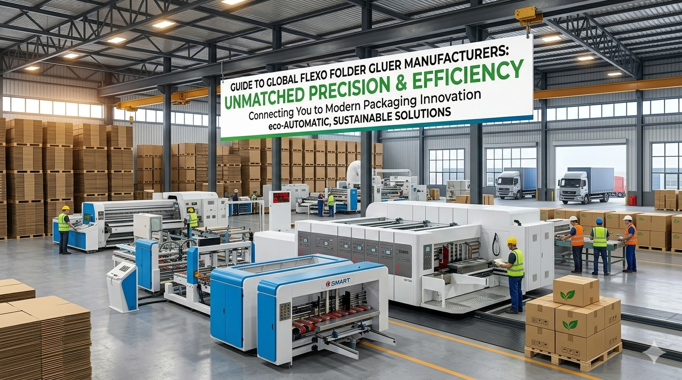 Leading global flexo folder gluer manufacturers showcasing advanced automated packaging lines in a modern sustainable factory.