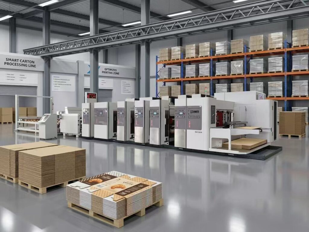 Large industrial flexo printing machine for corrugated carton processing in a modern factory, including feeding units and printed box blanks.