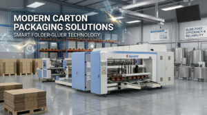 Flexo Folder Gluer for sale - complete machine line in industrial factory environment with stacked corrugated boxes.