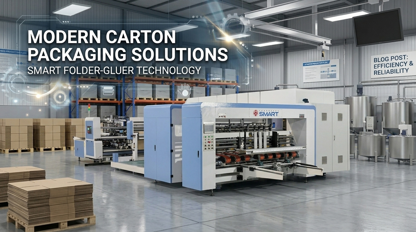 Flexo Folder Gluer for sale - complete machine line in industrial factory environment with stacked corrugated boxes.