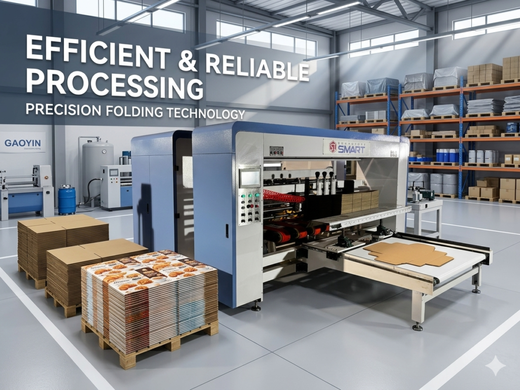 Isolated view of a high-speed blue and white automatic folder gluer machine, model GD1224, used for corrugated box production.