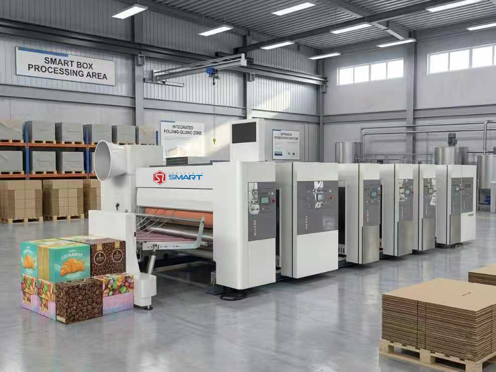 An industrial flexo printing machine for corrugated carton processing, showing precision units and stacked cardboard boxes in a factory.