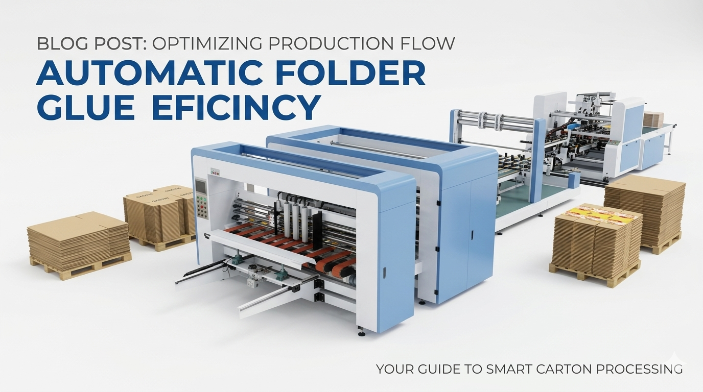 High-angle view of a professional automatic folder gluer machine line processing corrugated carton boxes in a white studio environment.