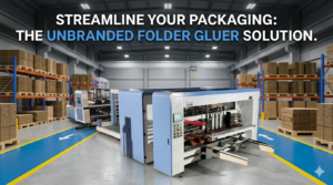 Automatic carton board folder gluer machine operating in a high-capacity packaging production facility.