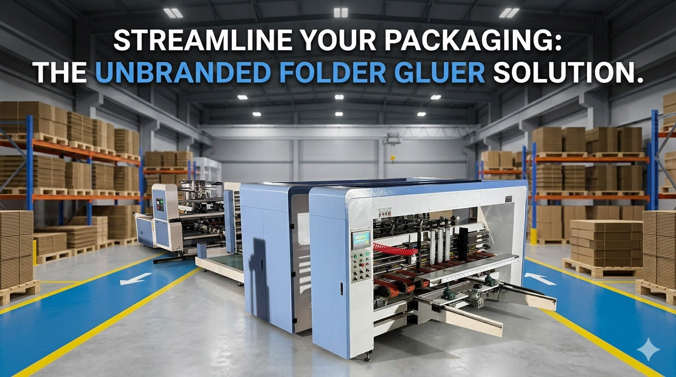 Automatic carton board folder gluer machine operating in a high-capacity packaging production facility.
