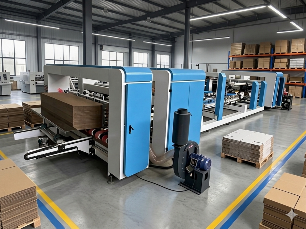 High-speed automatic carton board folder gluer machine integrated into a modern industrial warehouse workflow.