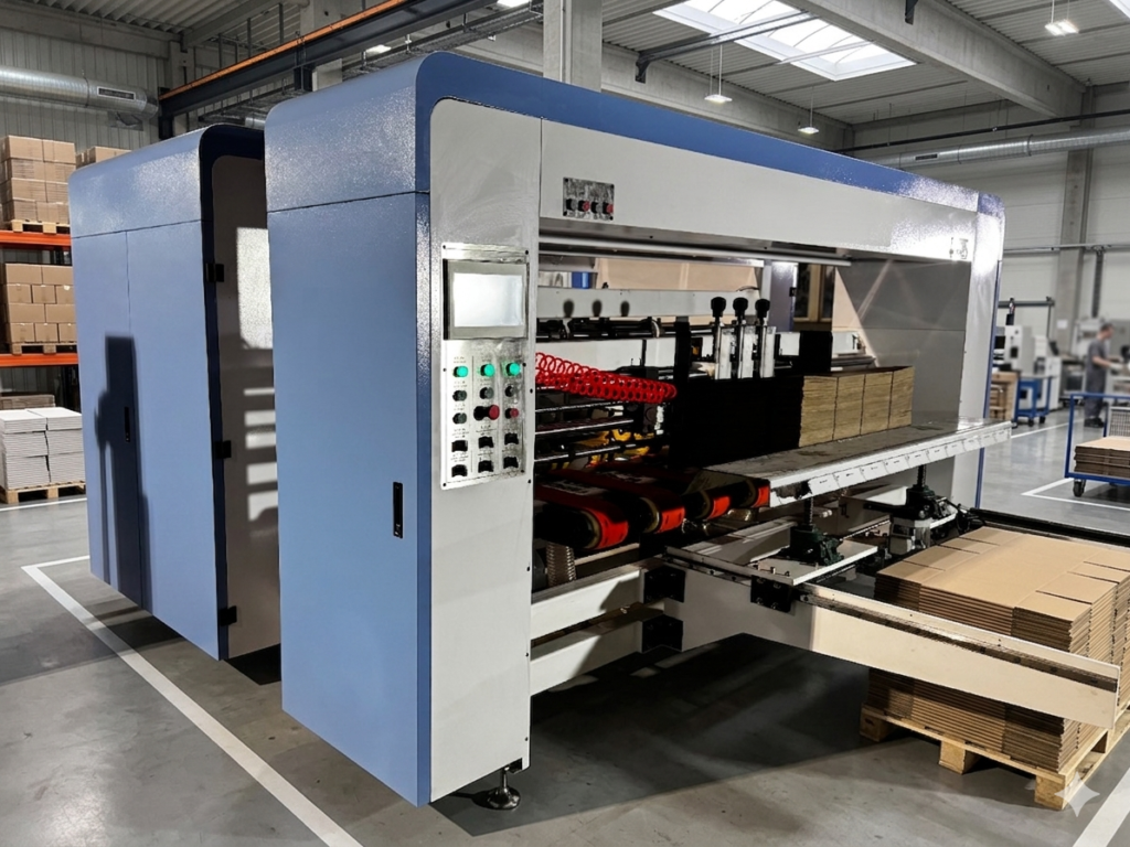 An automatic carton board folder gluer machine workstation showing the precise folding and gluing section for cardboard boxes.