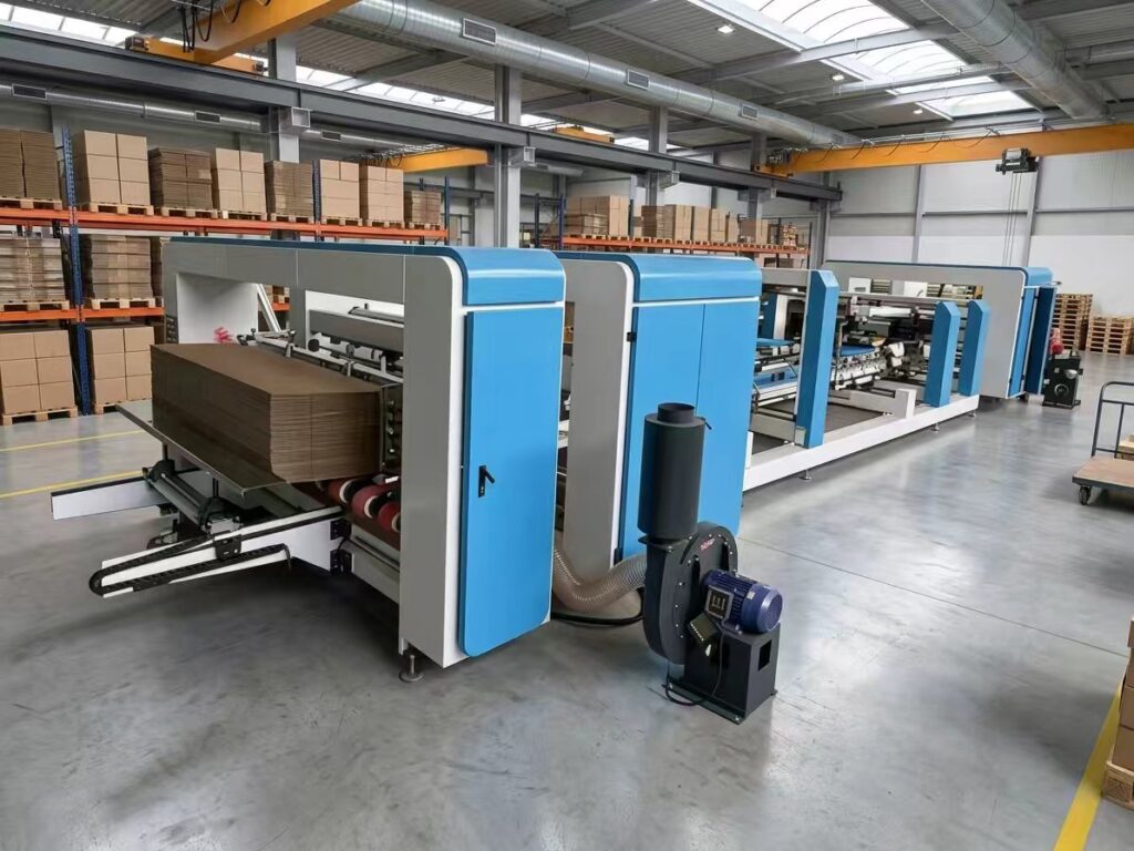 An integrated automatic folder gluer machine supplier & manufacturers production line for large-scale corrugated box manufacturing.