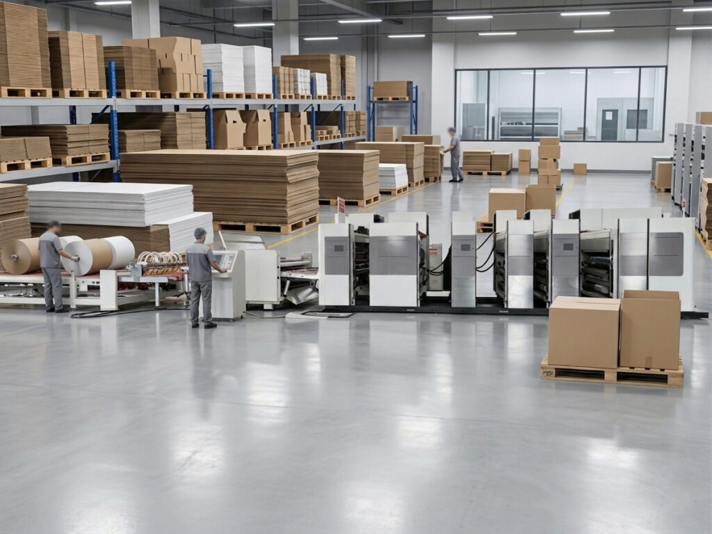 Large scale corrugated box inkjet printer production line by expert manufacturer and supplier with stacked cardboard.