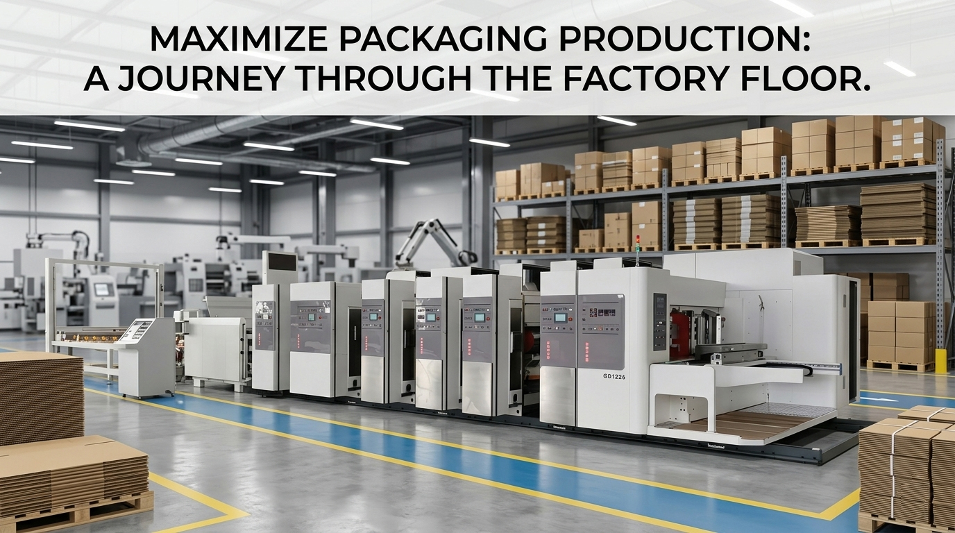 A professional corrugated box printing machine factory floor showcasing a complete multi-color printer and slotter system.