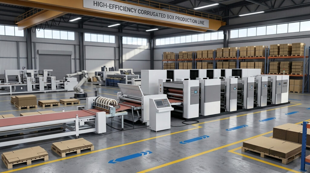 Corrugated box printing machine factory setting with a high-efficiency automated production line and overhead crane.