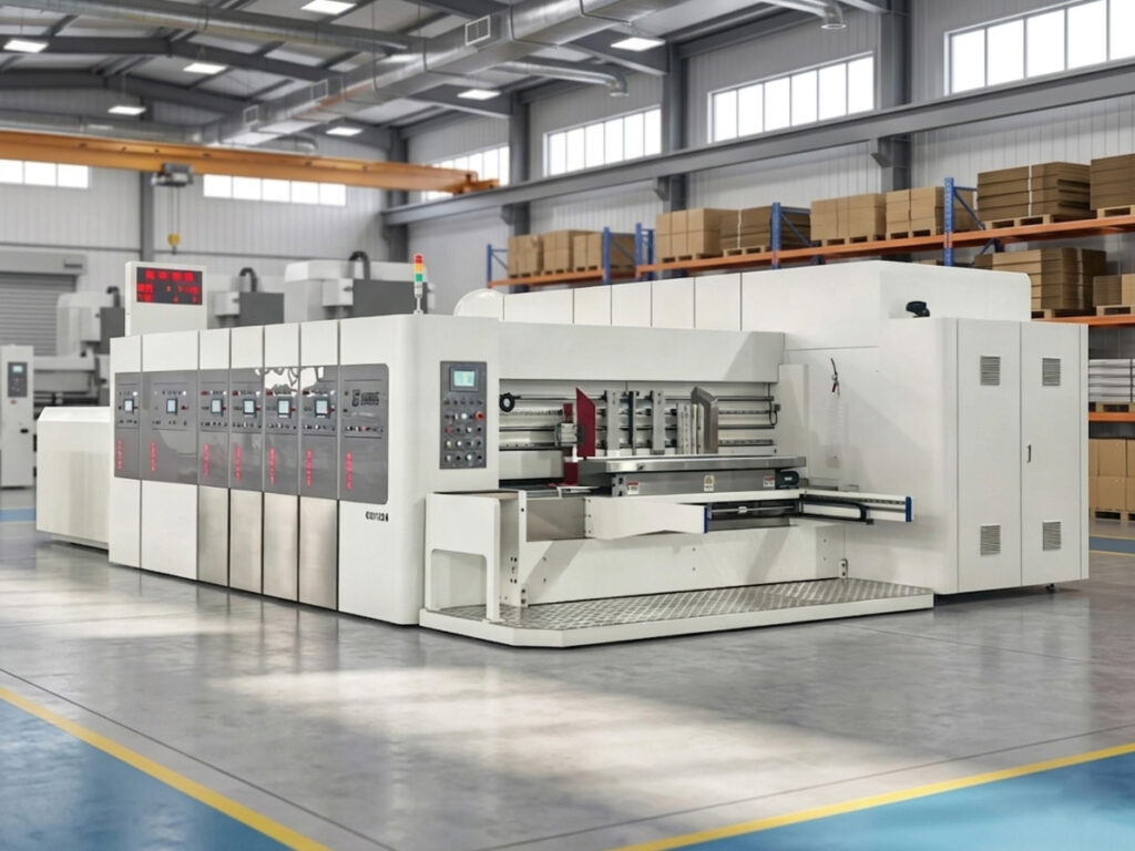 Corrugated box printing machine factory environment featuring a heavy-duty industrial printer for high-volume packaging production.