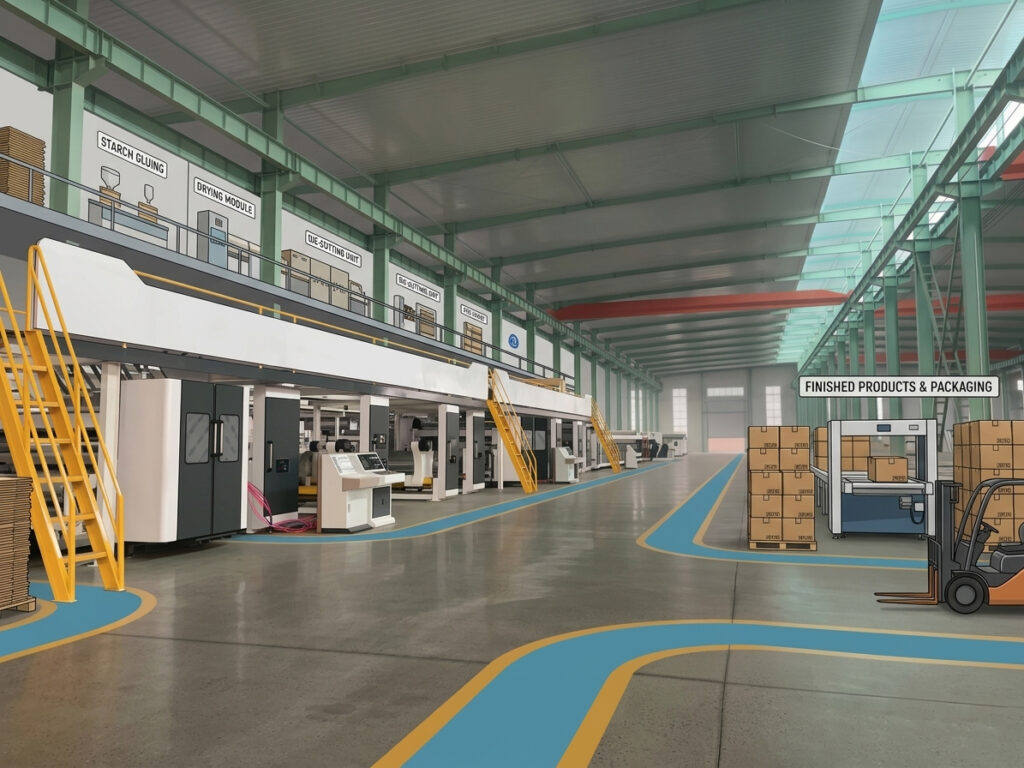 Illustrated corrugated cardboard making machine with labels like Starch Gluing, Drying Module, and Die-Cutting.