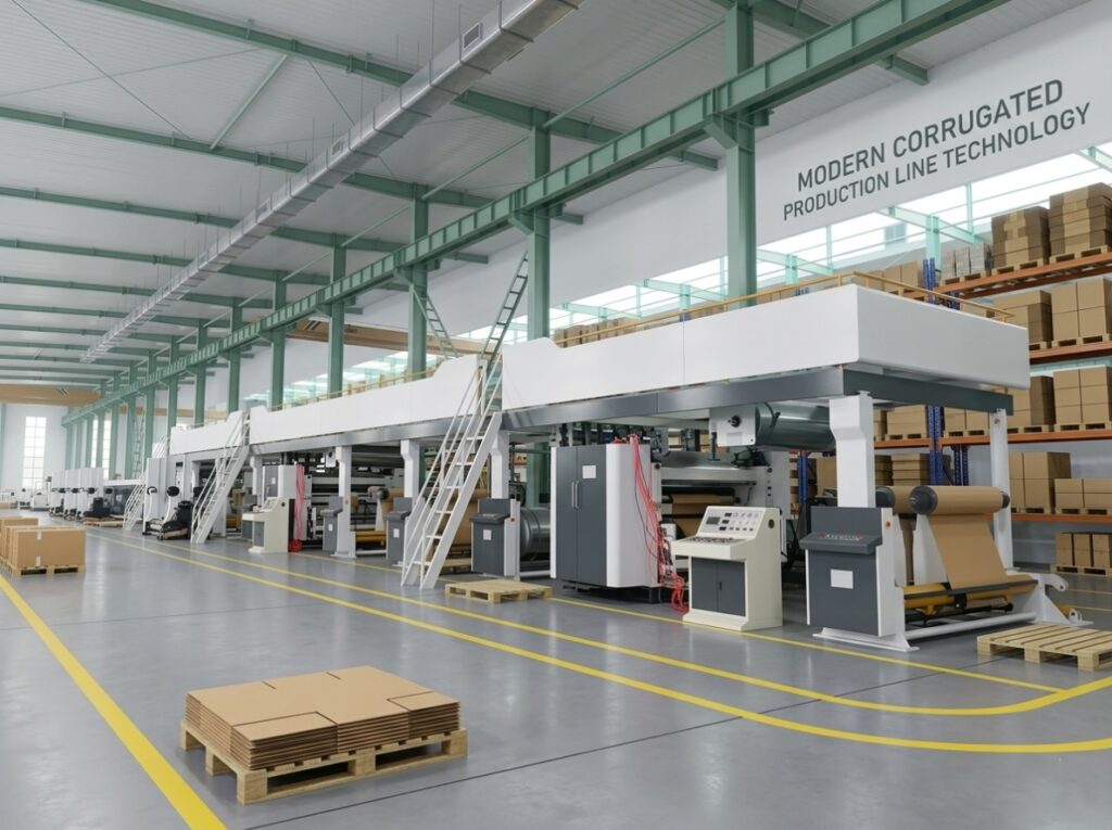 A high-speed corrugated cardboard production line manufacturers setup showcasing modern wet-end and dry-end machinery.