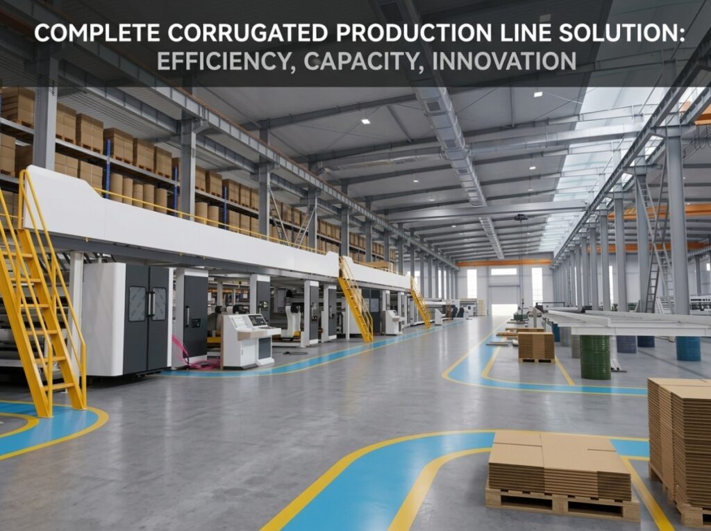 Corrugated cardboard production line manufacturers floor layout with heavy-duty single facer and stacker equipment.