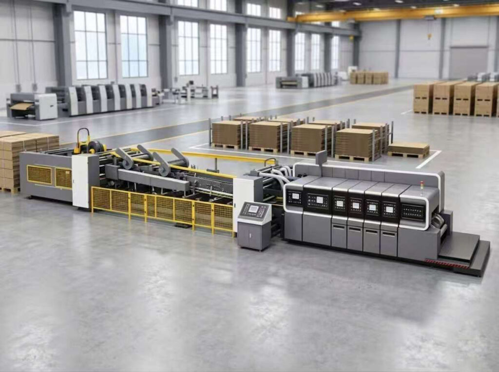 Automatic flexo printer folder gluer inline casemaker integrated with a professional packaging manufacturing line.