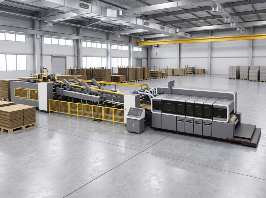 A heavy-duty flexo printer folder gluer inline casemaker shown with stacked cardboard sheets in an industrial warehouse.