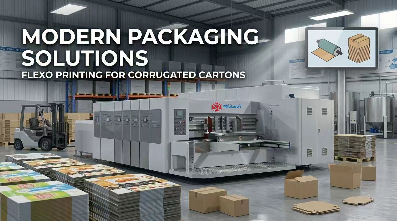 High-performance flexo printing machine for corrugated carton production showing precision printing units and stacked finished boxes.