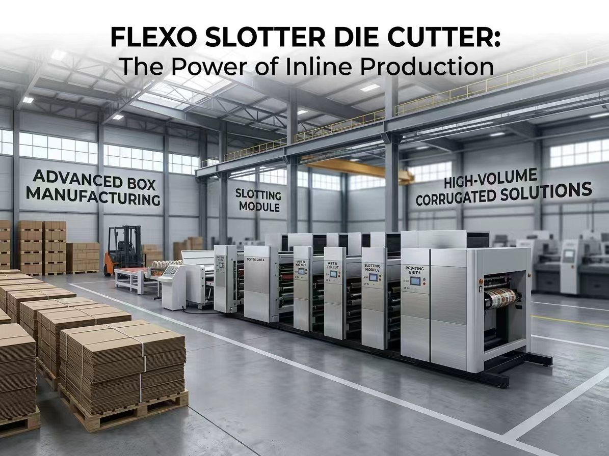Industrial flexo slotter die cutter printing machine operating in a high-volume corrugated box manufacturing plant.