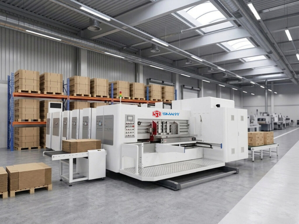 Modern flexo slotter die cutter printing machine shown with organized cardboard inventory in a professional warehouse setting.