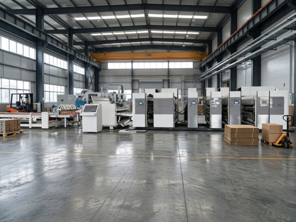 A heavy-duty flexo slotter die cutter printing machine integrated into an automated packaging production line.