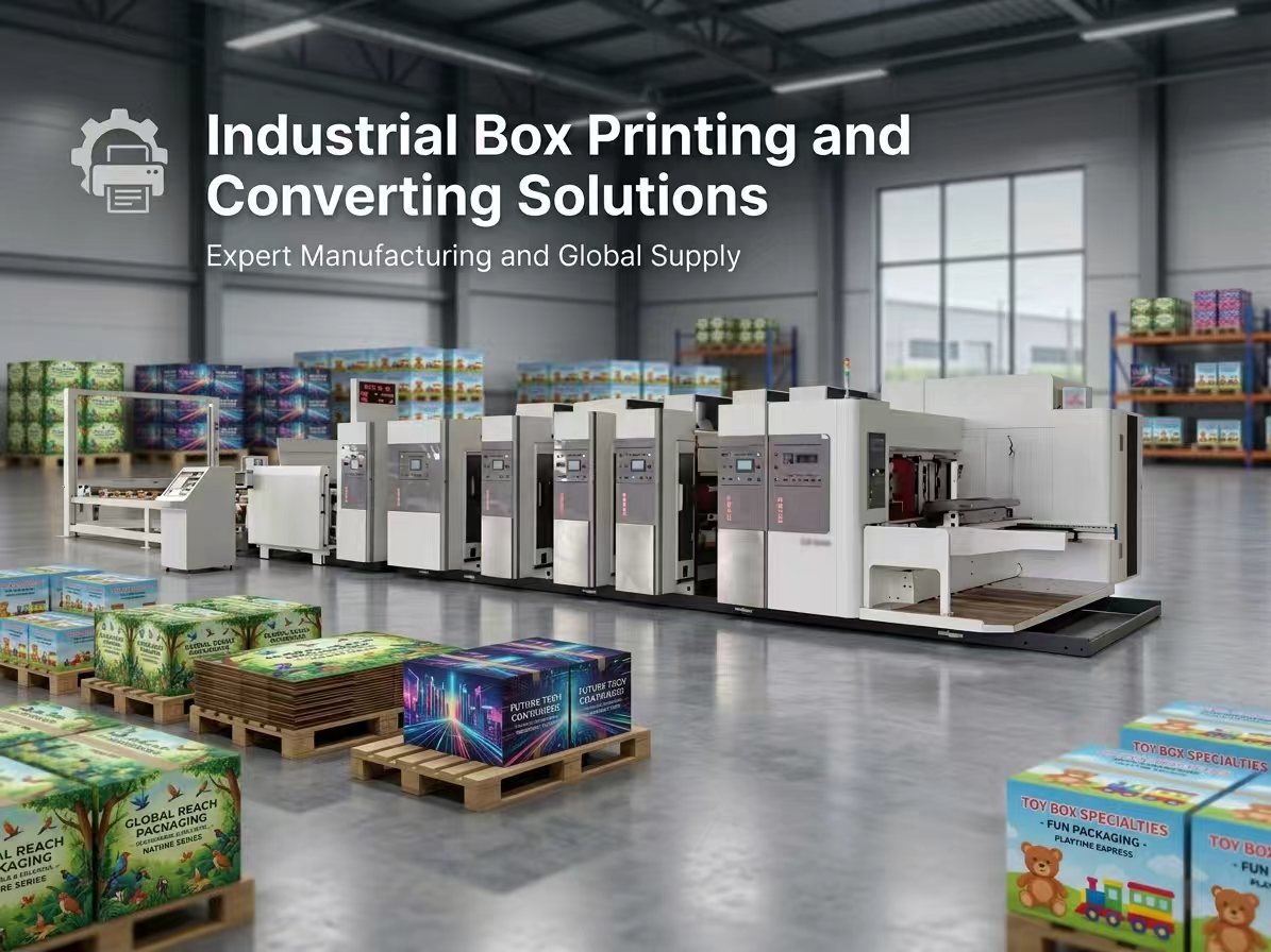 High-end industrial box printer machine from a top manufacturers and supplier producing vibrant color printed packaging.