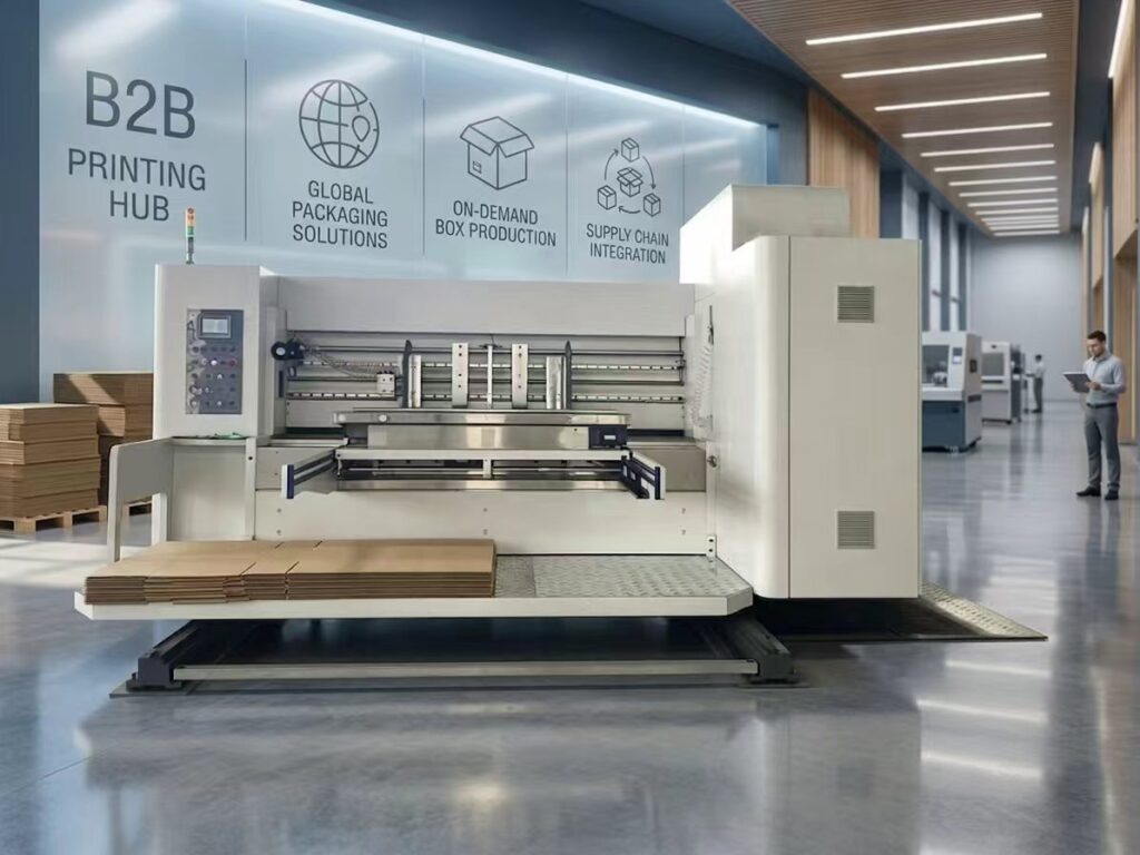 Heavy duty industrial box printer machine for B2B solutions by a reliable manufacturers and supplier with modern background.