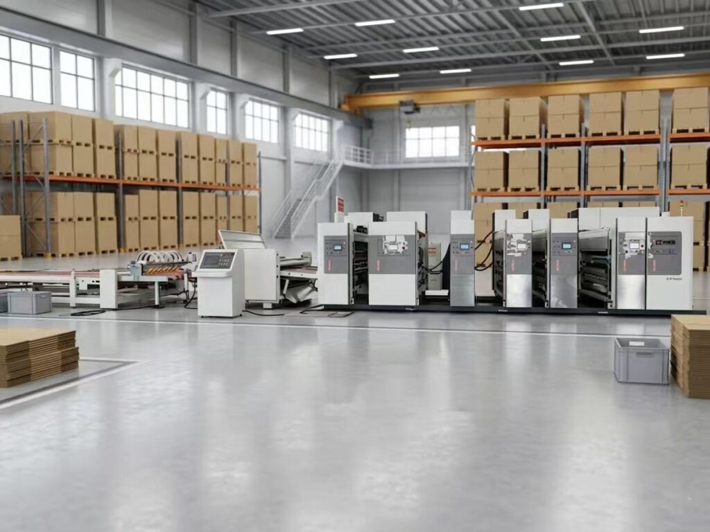 Large scale industrial box printer machine manufacturers and supplier equipment in a professional warehouse setting.