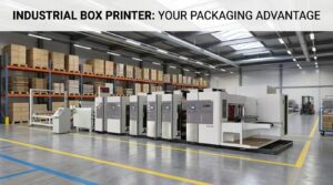 Industrial box printer and packaging system operating in a large-scale manufacturing facility.