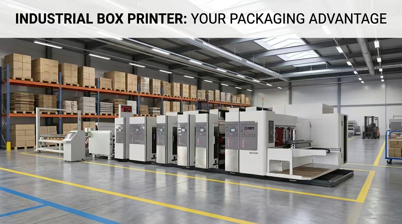 Industrial box printer and packaging system operating in a large-scale manufacturing facility.