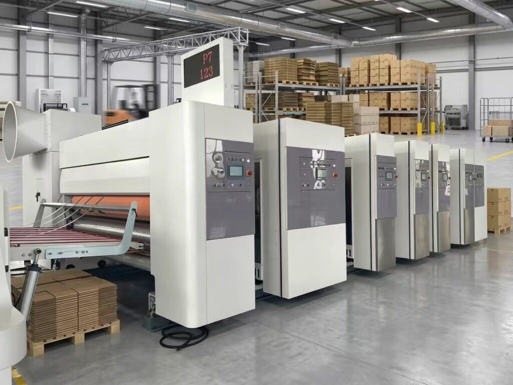 Heavy-duty industrial box printer featuring multiple printing units for professional cardboard packaging