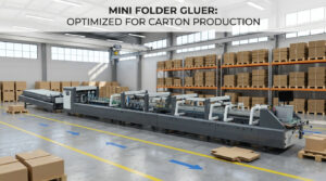 Mini folder gluer machine supplier showcasing a high-speed compact folding and gluing line in a clean factory warehouse.