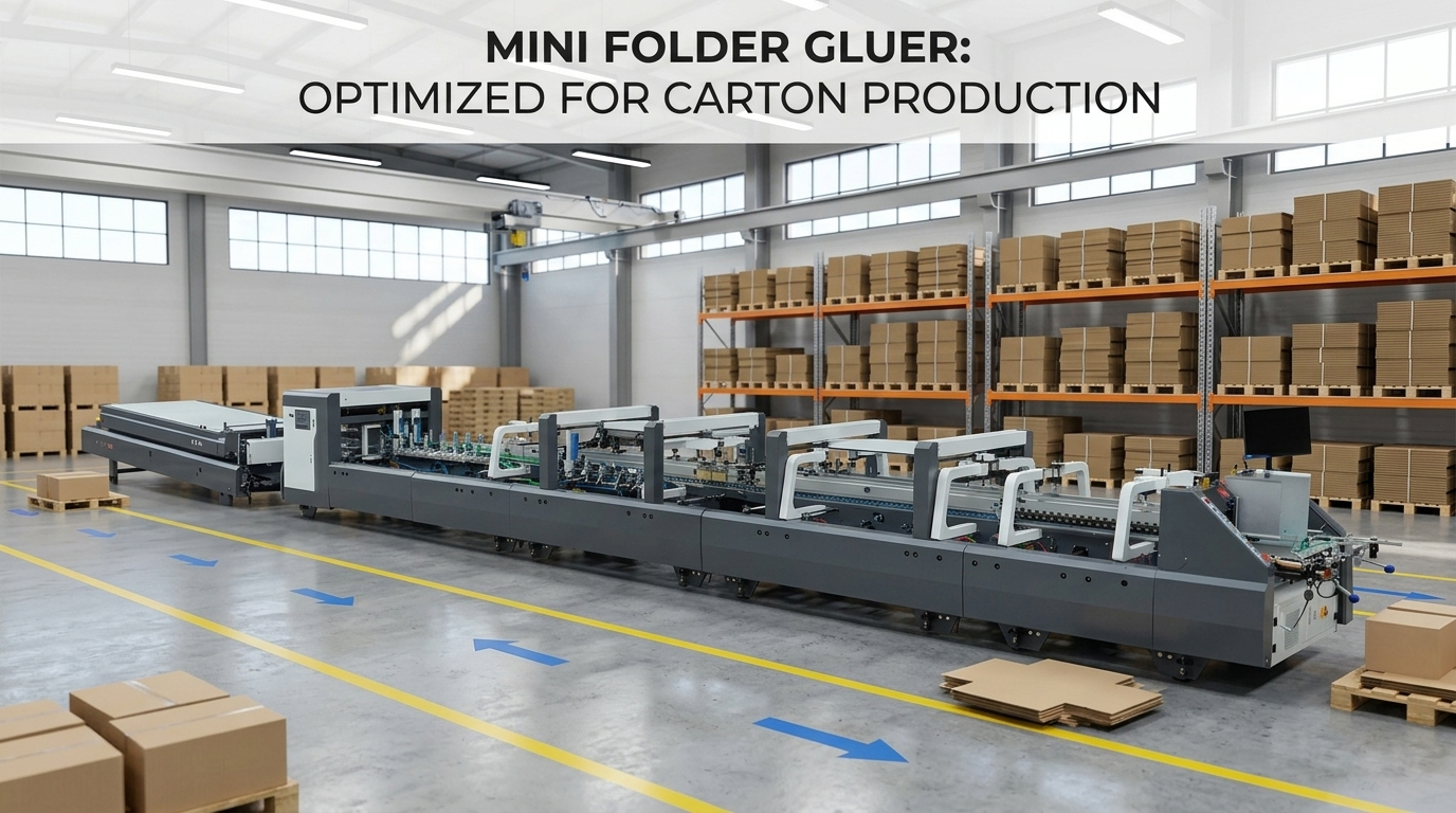 Mini folder gluer machine supplier showcasing a high-speed compact folding and gluing line in a clean factory warehouse.