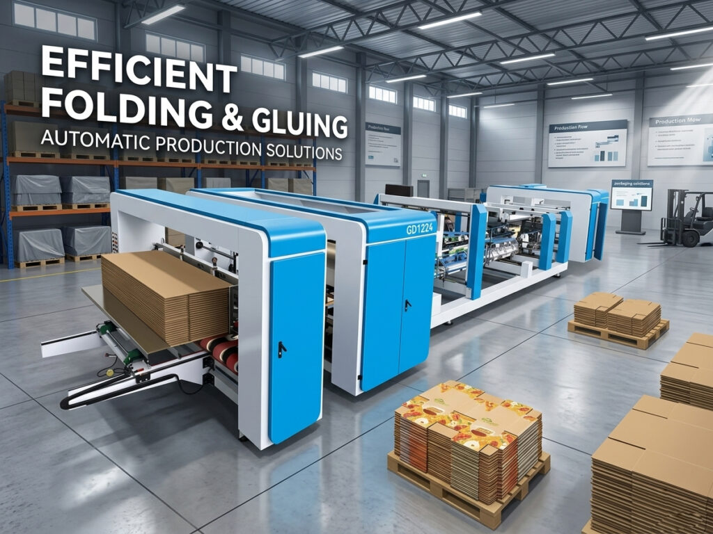 Industrial setting showing a large automatic folder gluer machine in a smart carton processing area with stacked printed boxes.