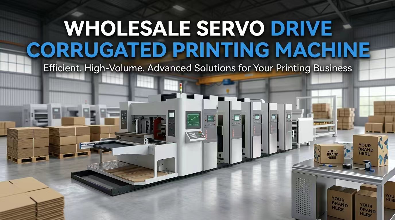 Wholesale servo drive corrugated printing machine in a modern factory setting with cardboard stacks.