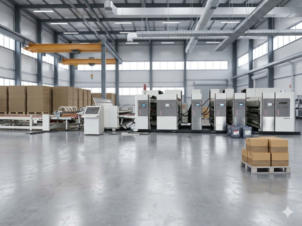 A large-scale wholesale servo drive corrugated printing machine on a polished concrete factory floor with a palette and crane.