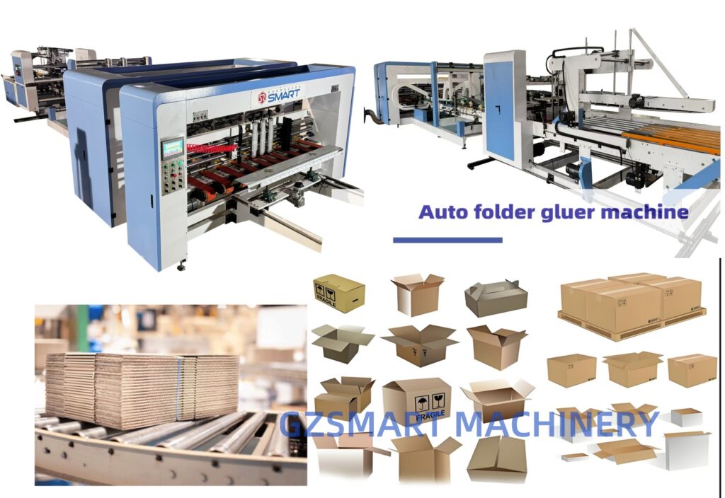 Comprehensive range of auto flexo folder gluer for sale, including machine detailed view and finished corrugated boxes on pallets.